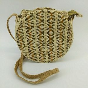 Boho Rattan Weave Tan Cream Round Crossbody Purse Bohemian Linen Lining